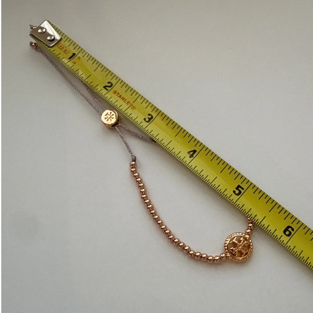 Tory Burch Miller Rose Gold Tone Pave Beaded Slider Bracelet Adjustable NEW